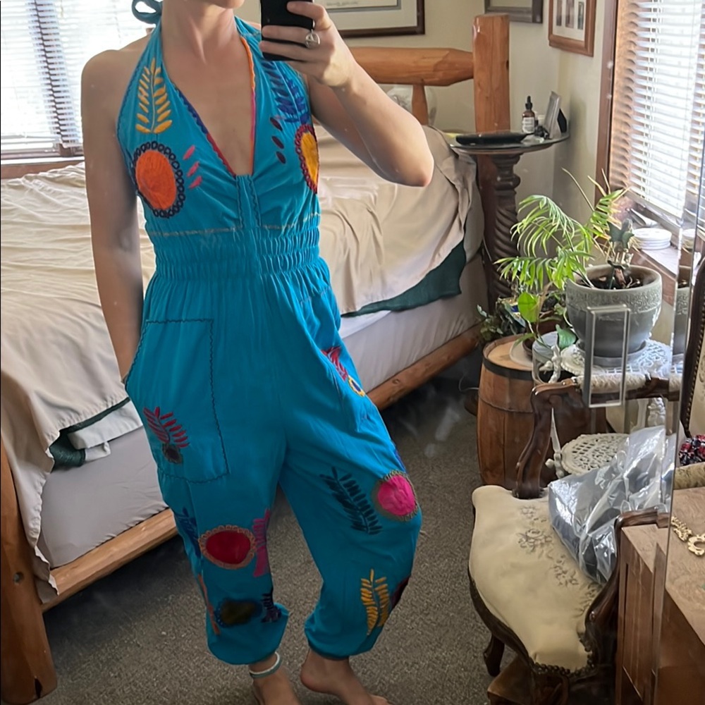 NWOT Handwoven Mexican Halter Jumpsuit with Colorful Embroidery